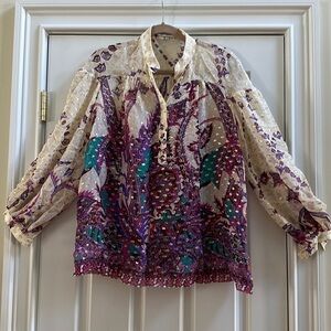 Tibi Silk Blend Sheer Printed Peasant Blouse 4